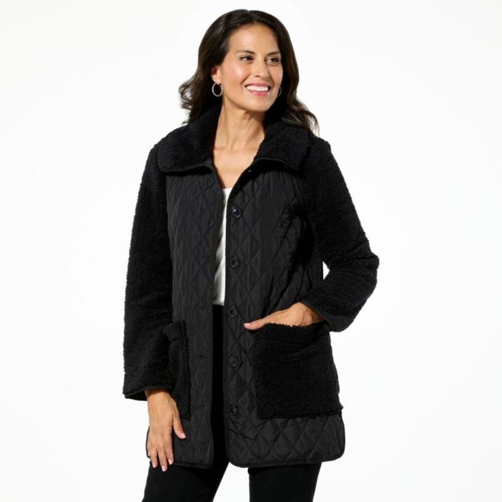 Nina Leonard Collared Sherpa and Quilted Button Front Coat Size Large Outerwear